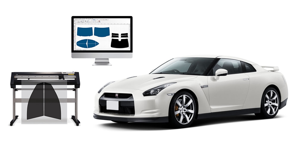 Image of car, plotter and computer displaying computer cut window tint patterns.